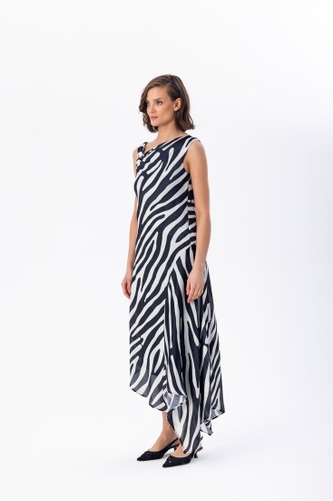 Desenli Asimetrik Elbise Siyah