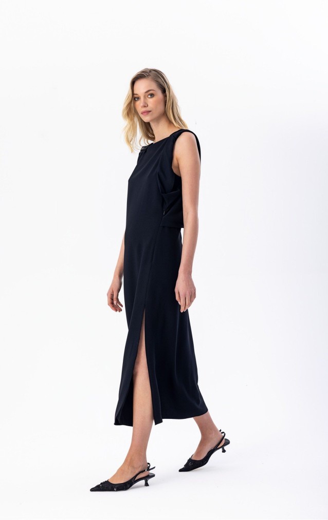 Arkası Kruvaze Midi Elbise Siyah